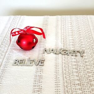 Christmas Ornaments. Red bell, naughty and believe ornaments